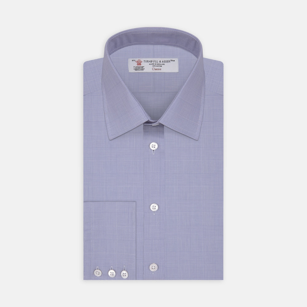 A Blue Prince of Wales Check Shirt by Turnbull & Asser, featuring a T&A collar and 3-button cuffs, is displayed against a plain white background.
