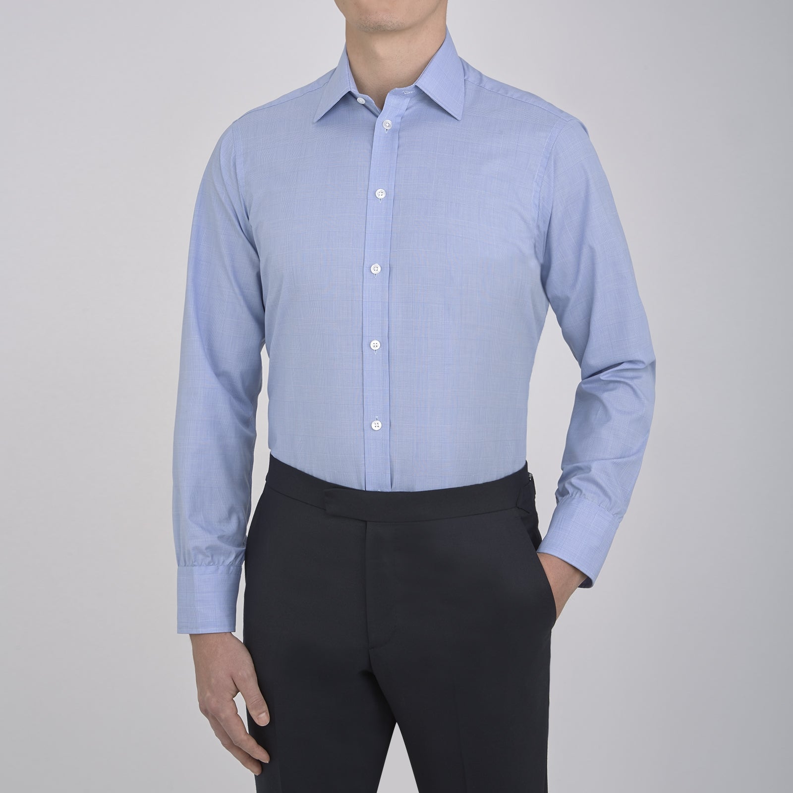 View 2 of product A Blue Prince of Wales Check Shirt by Turnbull & Asser, featuring a T&A collar and 3-button cuffs, is displayed against a plain white background.