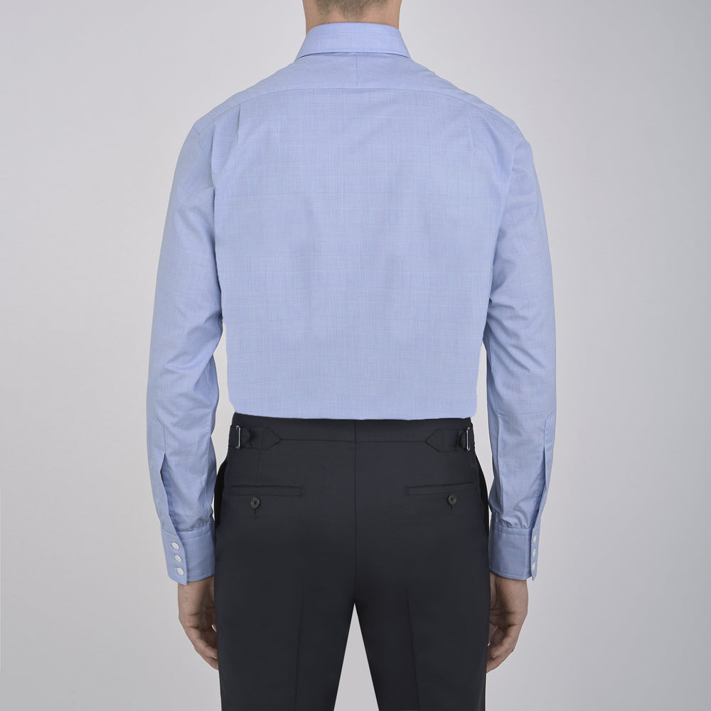 A Blue Prince of Wales Check Shirt by Turnbull & Asser, featuring a T&A collar and 3-button cuffs, is displayed against a plain white background.