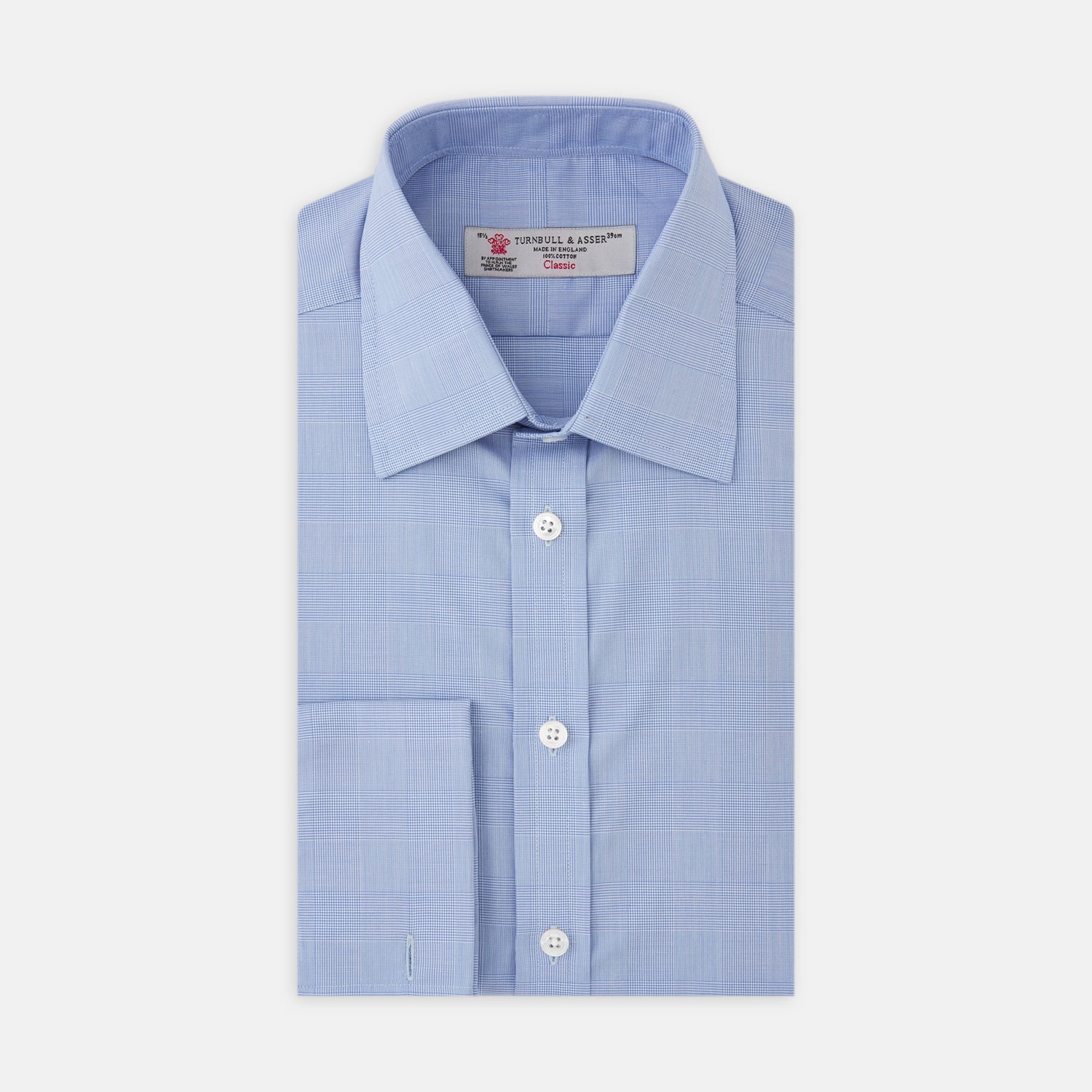 View 1 of product The Turnbull & Asser Blue Prince of Wales Check Shirt features a T&A collar and double cuffs, shown against a white background—ideal for timeless, minimalist style.