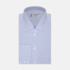 View 1 of product The Sky Blue Micro-Check Cotton Shirt by Turnbull & Asser features a T&A collar and 3-button cuffs, offering a refined take on classic British style. The shirt is neatly folded, showcasing its signature elegance against a white background.