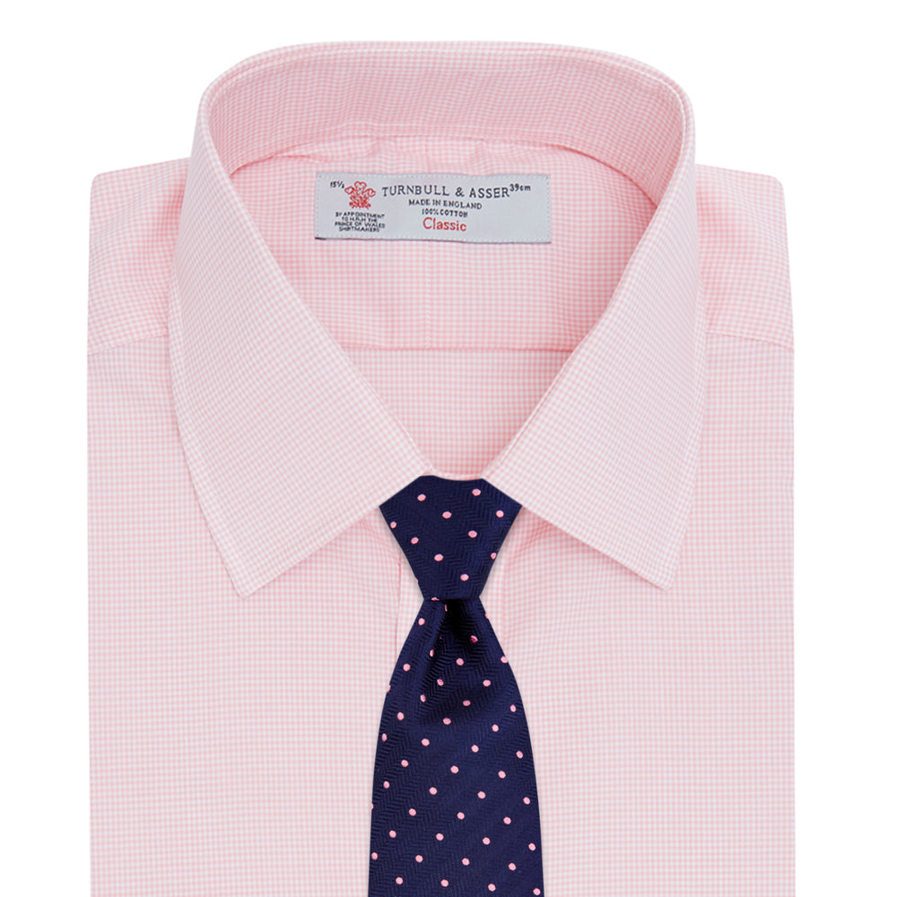 The Turnbull & Asser Pink Micro-Check Cotton Shirt features a T&A collar, 3-button cuffs, and a refined micro-check pattern, shown neatly folded against a white background.