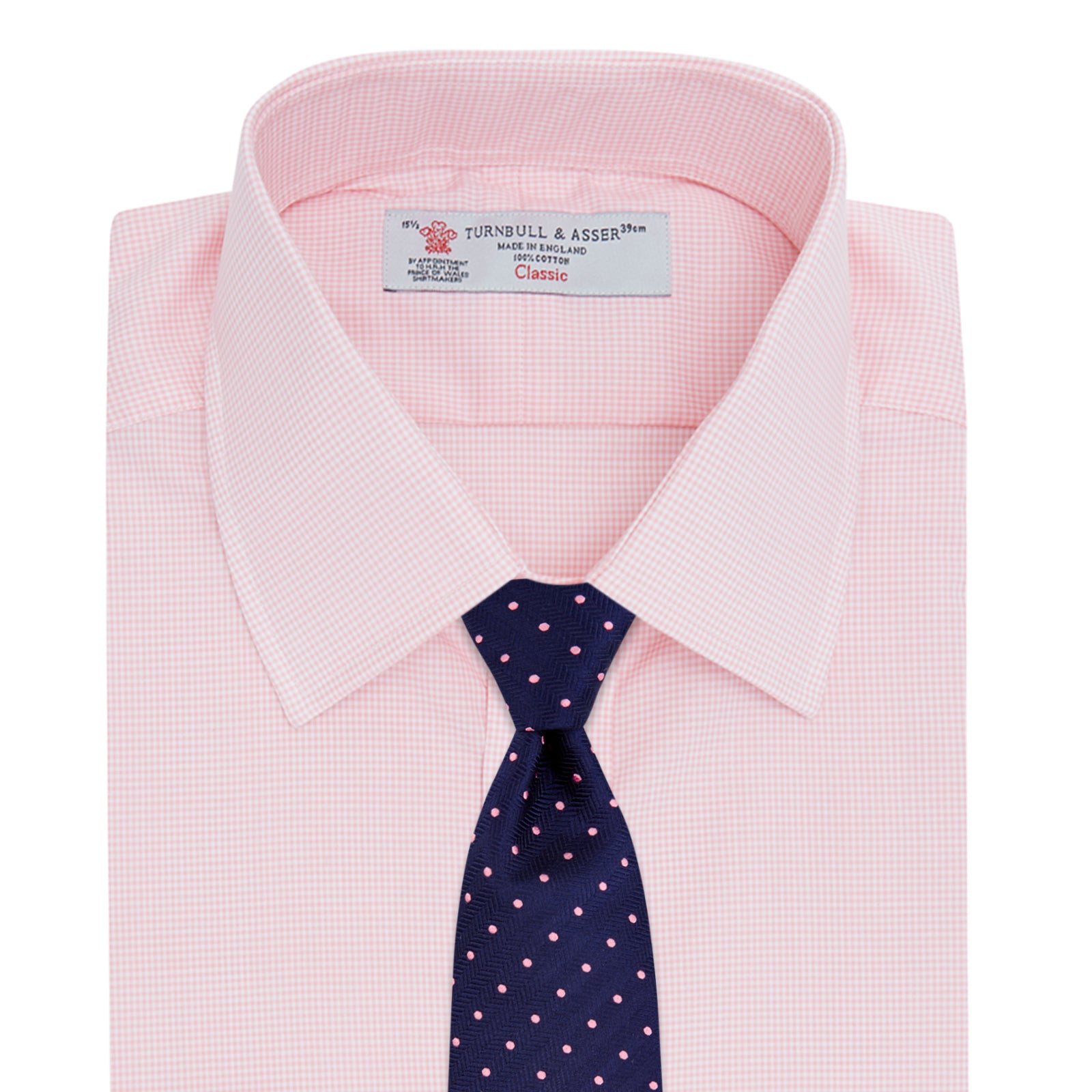 View 4 of product The Turnbull & Asser Pink Micro-Check Cotton Shirt features a T&A collar, 3-button cuffs, and a refined micro-check pattern, shown neatly folded against a white background.