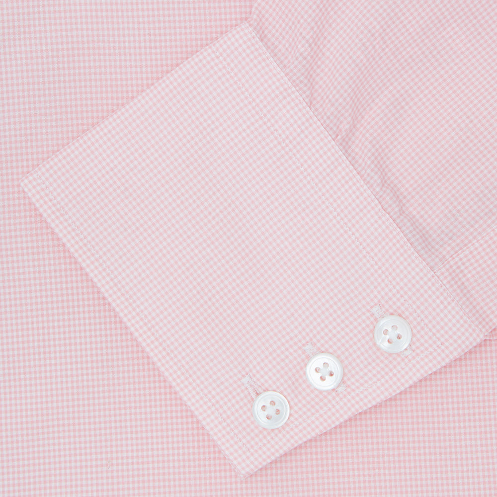 The Turnbull & Asser Pink Micro-Check Cotton Shirt features a T&A collar, 3-button cuffs, and a refined micro-check pattern, shown neatly folded against a white background.
