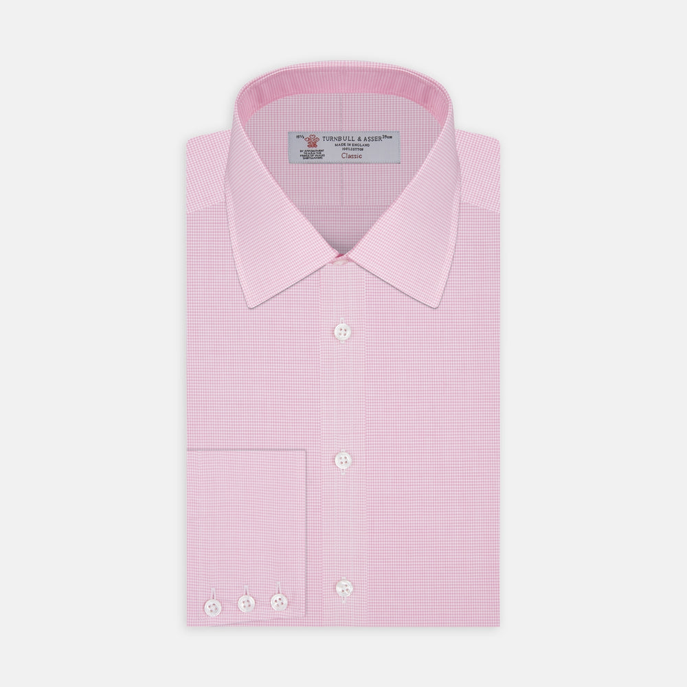 The Turnbull & Asser Pink Micro-Check Cotton Shirt features a T&A collar, 3-button cuffs, and a refined micro-check pattern, shown neatly folded against a white background.