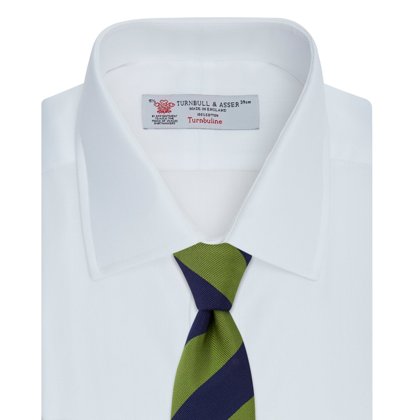 View 4 of product The Turnbull & Asser White Herringbone Superfine Cotton Shirt features a T&A collar and 3-button cuffs, displayed against a light blue background—ideal for minimalist styles or pairing with bold ties.