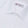 View 5 of product The Turnbull & Asser White Herringbone Superfine Cotton Shirt features a T&A collar and 3-button cuffs, displayed against a light blue background—ideal for minimalist styles or pairing with bold ties.