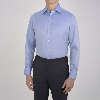 Blue Herringbone Superfine Cotton Shirt with T&A Collar and Double Cuffs Image 1