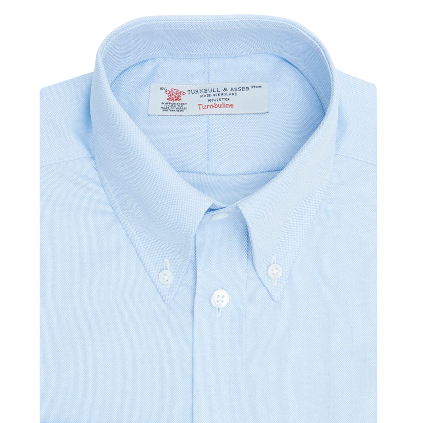 View 4 of product Turnbull & Asser's Light Blue Royal Oxford Cotton Shirt features a button-down collar, 3-button cuffs, and white buttons. Men's shirt comes neatly folded, with a branded neck label displaying garment details—ideal under a navy suit.
