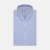 View 1 of product Turnbull & Asser's Light Blue Royal Oxford Cotton Shirt features a button-down collar, 3-button cuffs, and white buttons. Men's shirt comes neatly folded, with a branded neck label displaying garment details—ideal under a navy suit.