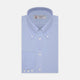 Turnbull & Asser's Light Blue Royal Oxford Cotton Shirt features a button-down collar, 3-button cuffs, and white buttons. Men's shirt comes neatly folded, with a branded neck label displaying garment details—ideal under a navy suit.