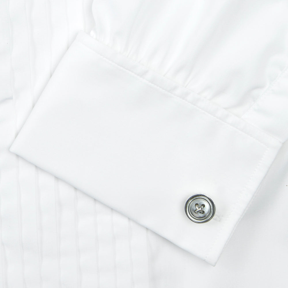 The Turnbull & Asser White Sea Island Quality Cotton Dress Shirt features a T&A collar and double cuffs, elegantly displayed on a light gray background.