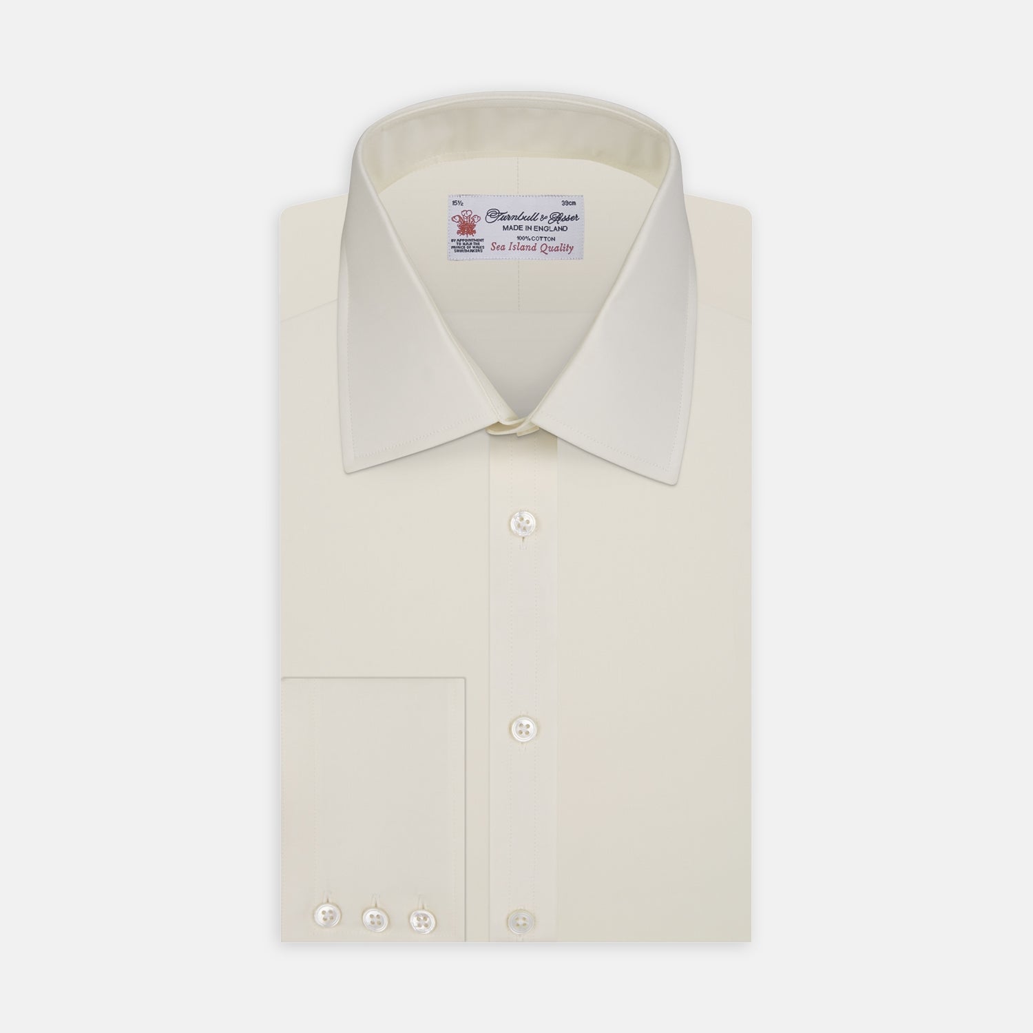 View 1 of product The Cream Sea Island Quality Cotton Shirt by Turnbull & Asser features a T&A collar and 3-button cuffs, crafted from premium cotton and displayed neatly folded against a plain white background.