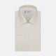 The Turnbull & Asser Cream Sea Island Quality Cotton Shirt features a T&A collar, double cuffs, and a button-down front, elegantly displayed against a white background.