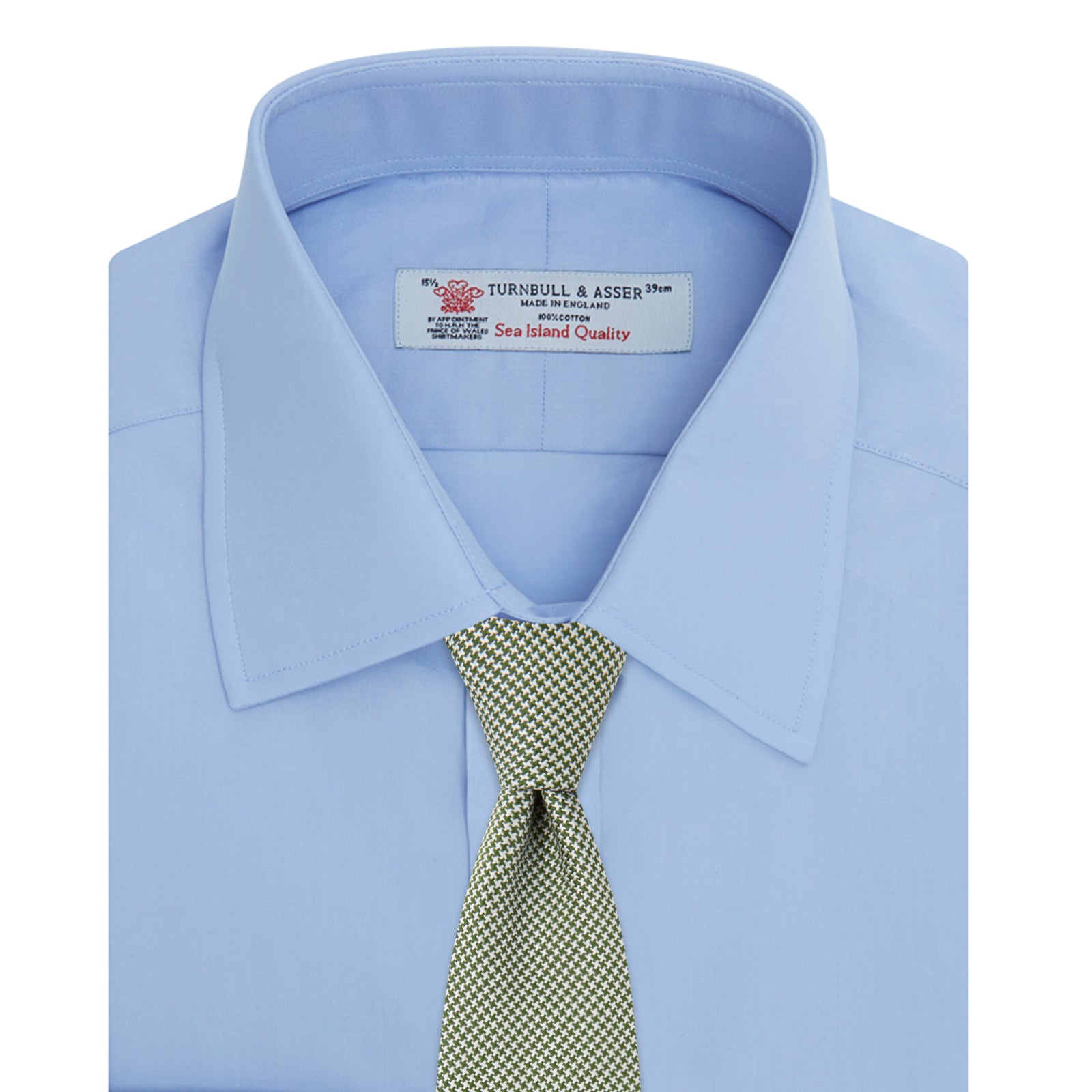 View 4 of product The Turnbull & Asser Blue Sea Island Quality Cotton Shirt features a T&A collar, double cuffs, and is showcased neatly folded on a plain white background.
