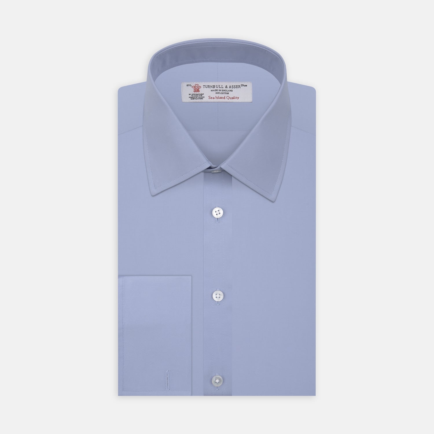 View 1 of product The Turnbull & Asser Blue Sea Island Quality Cotton Shirt features a T&A collar, double cuffs, and is showcased neatly folded on a plain white background.