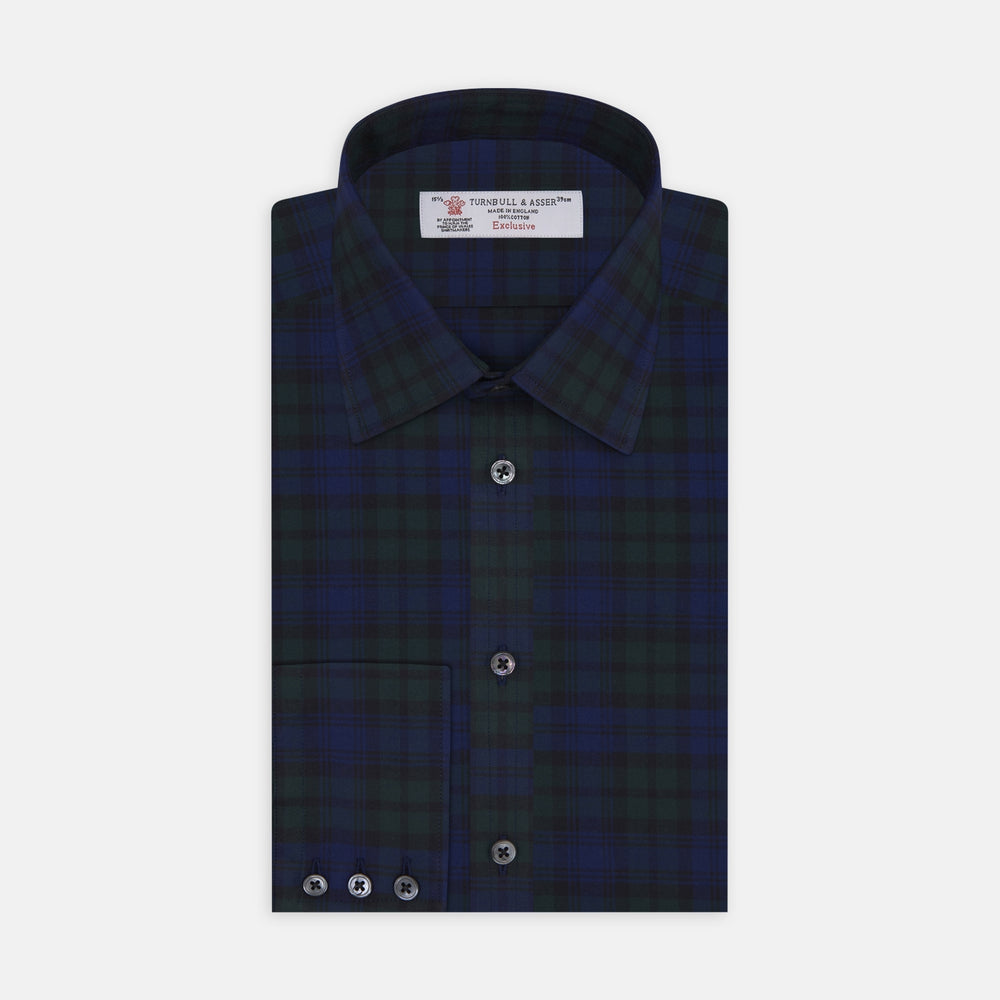 The Turnbull & Asser Blackwatch Brushed Cotton Shirt features a T&A collar, button cuffs, and a stylish dark blue and green plaid—perfect for any seasonal collection. Displayed here neatly folded on a plain white background.