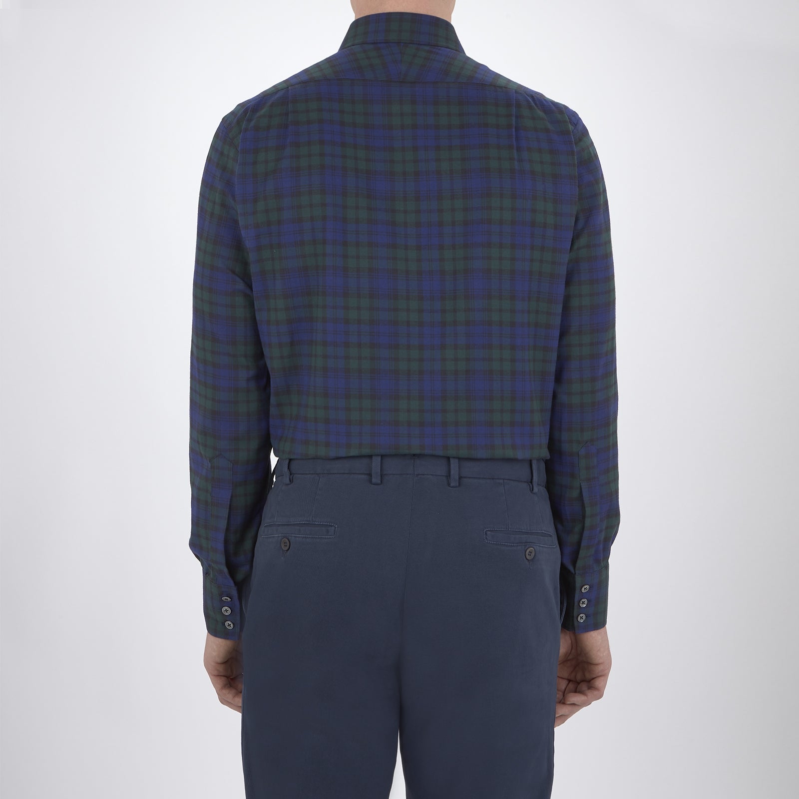 View 3 of product The Turnbull & Asser Blackwatch Brushed Cotton Shirt features a T&A collar, button cuffs, and a stylish dark blue and green plaid—perfect for any seasonal collection. Displayed here neatly folded on a plain white background.