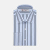 View 1 of product The Turnbull & Asser Grey, Turquoise and Sky Blue Mixed Stripe Shirt features a T&A collar, double cuffs, and elegant vertical stripes, neatly displayed on a plain light background.