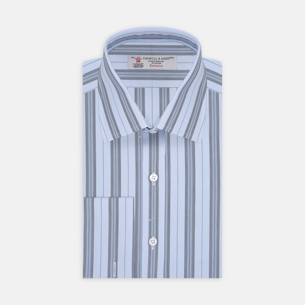 The Turnbull & Asser Grey, Turquoise and Sky Blue Mixed Stripe Shirt features a T&A collar, double cuffs, and elegant vertical stripes, neatly displayed on a plain light background.
