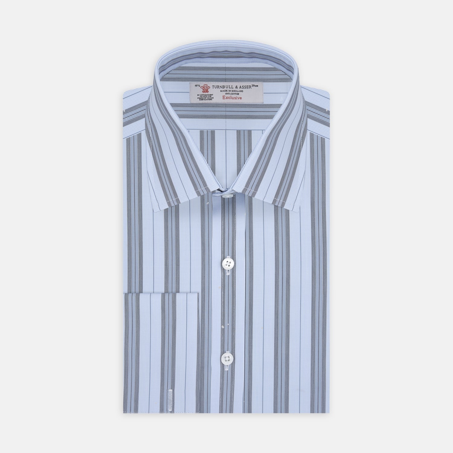 View 1 of product The Turnbull & Asser Grey, Turquoise and Sky Blue Mixed Stripe Shirt features a T&A collar, double cuffs, and elegant vertical stripes, neatly displayed on a plain light background.