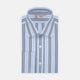 The Turnbull & Asser Grey, Turquoise and Sky Blue Mixed Stripe Shirt features a T&A collar, double cuffs, and elegant vertical stripes, neatly displayed on a plain light background.