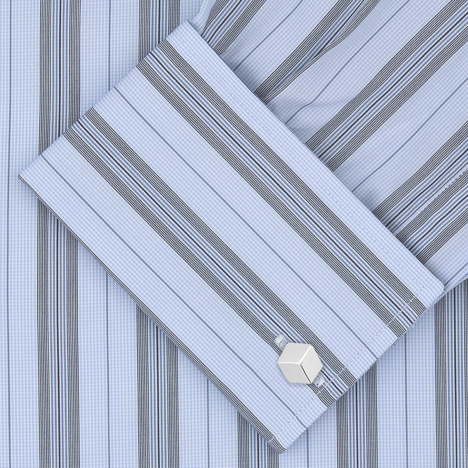 View 4 of product The Turnbull & Asser Grey, Turquoise and Sky Blue Mixed Stripe Shirt features a T&A collar, double cuffs, and elegant vertical stripes, neatly displayed on a plain light background.