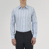 View 2 of product The Turnbull & Asser Grey, Turquoise and Sky Blue Mixed Stripe Shirt features a T&A collar, double cuffs, and elegant vertical stripes, neatly displayed on a plain light background.