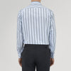 View 3 of product The Turnbull & Asser Grey, Turquoise and Sky Blue Mixed Stripe Shirt features a T&A collar, double cuffs, and elegant vertical stripes, neatly displayed on a plain light background.