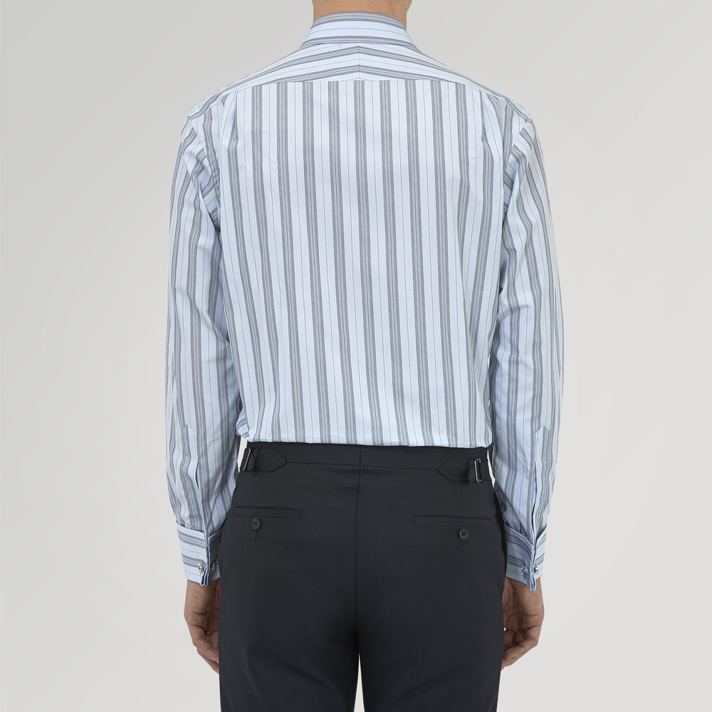 The Turnbull & Asser Grey, Turquoise and Sky Blue Mixed Stripe Shirt features a T&A collar, double cuffs, and elegant vertical stripes, neatly displayed on a plain light background.