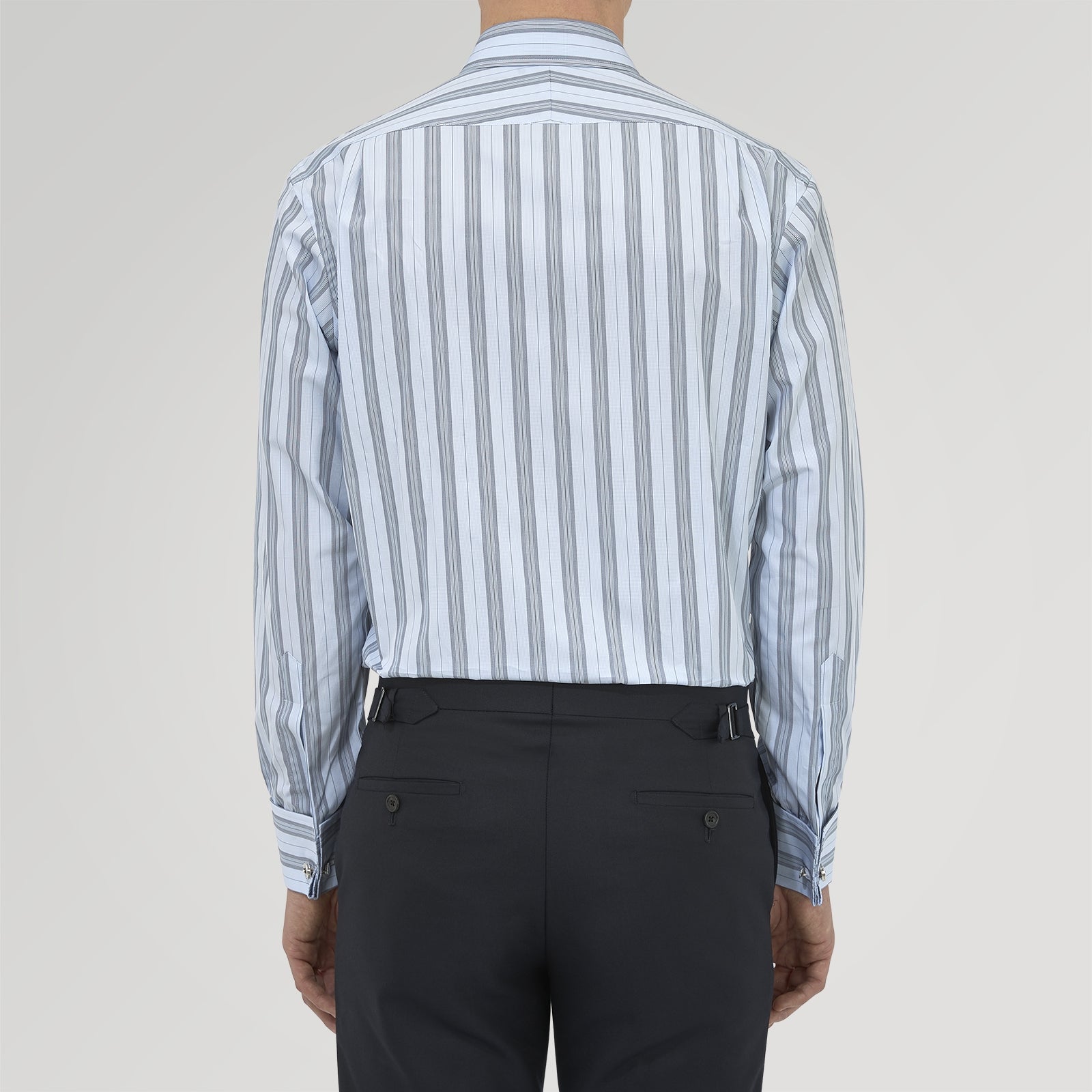 View 3 of product The Turnbull & Asser Grey, Turquoise and Sky Blue Mixed Stripe Shirt features a T&A collar, double cuffs, and elegant vertical stripes, neatly displayed on a plain light background.