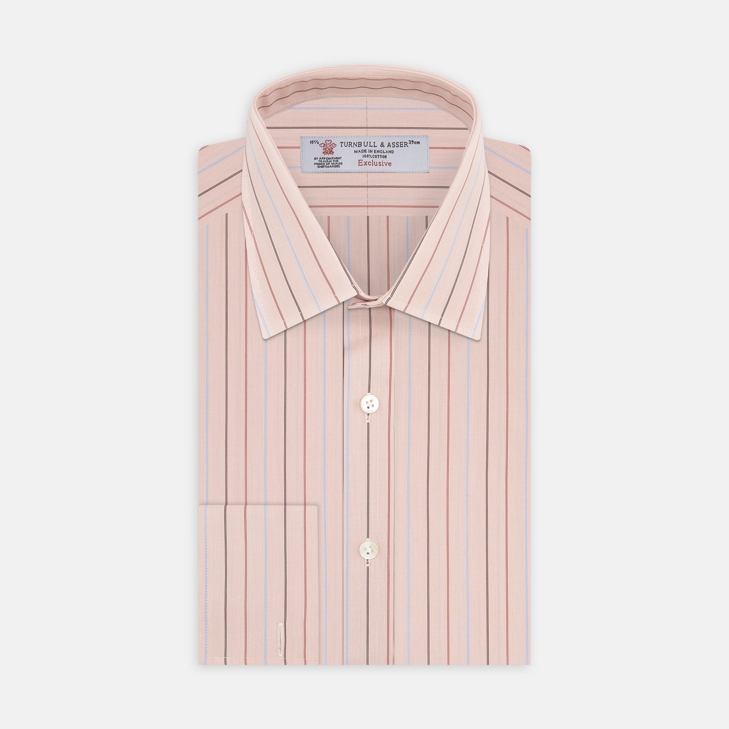 View 1 of product Turnbull & Asser’s Pink, Red and Blue Pencil Stripe Shirt features a T&A collar, double cuffs, and multicolored vertical stripes on a light pink base—perfect for adding spring style to your wardrobe.