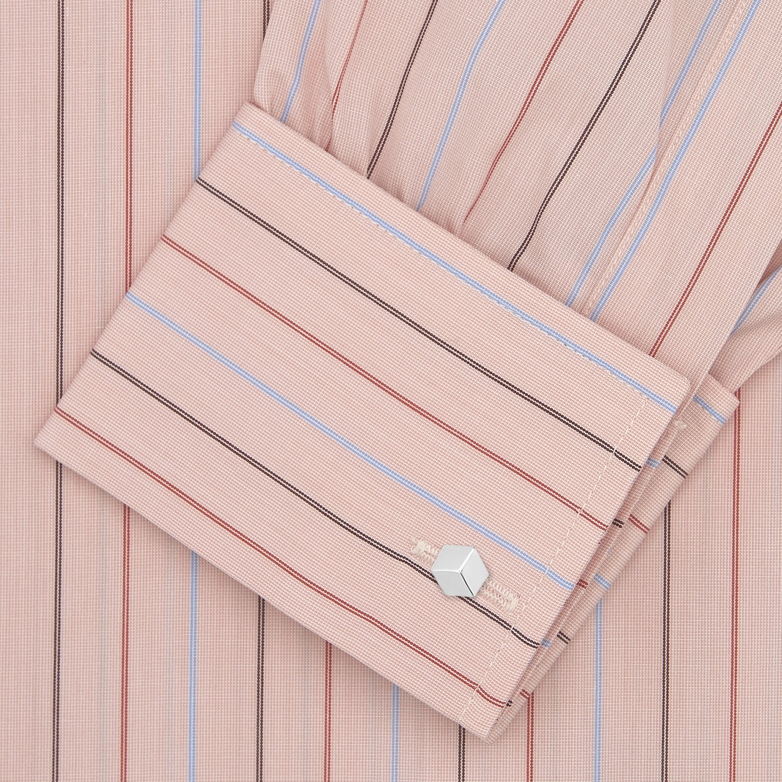View 4 of product Turnbull & Asser’s Pink, Red and Blue Pencil Stripe Shirt features a T&A collar, double cuffs, and multicolored vertical stripes on a light pink base—perfect for adding spring style to your wardrobe.