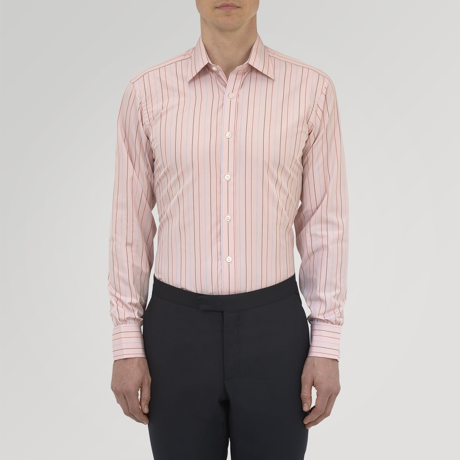 View 2 of product Turnbull & Asser’s Pink, Red and Blue Pencil Stripe Shirt features a T&A collar, double cuffs, and multicolored vertical stripes on a light pink base—perfect for adding spring style to your wardrobe.