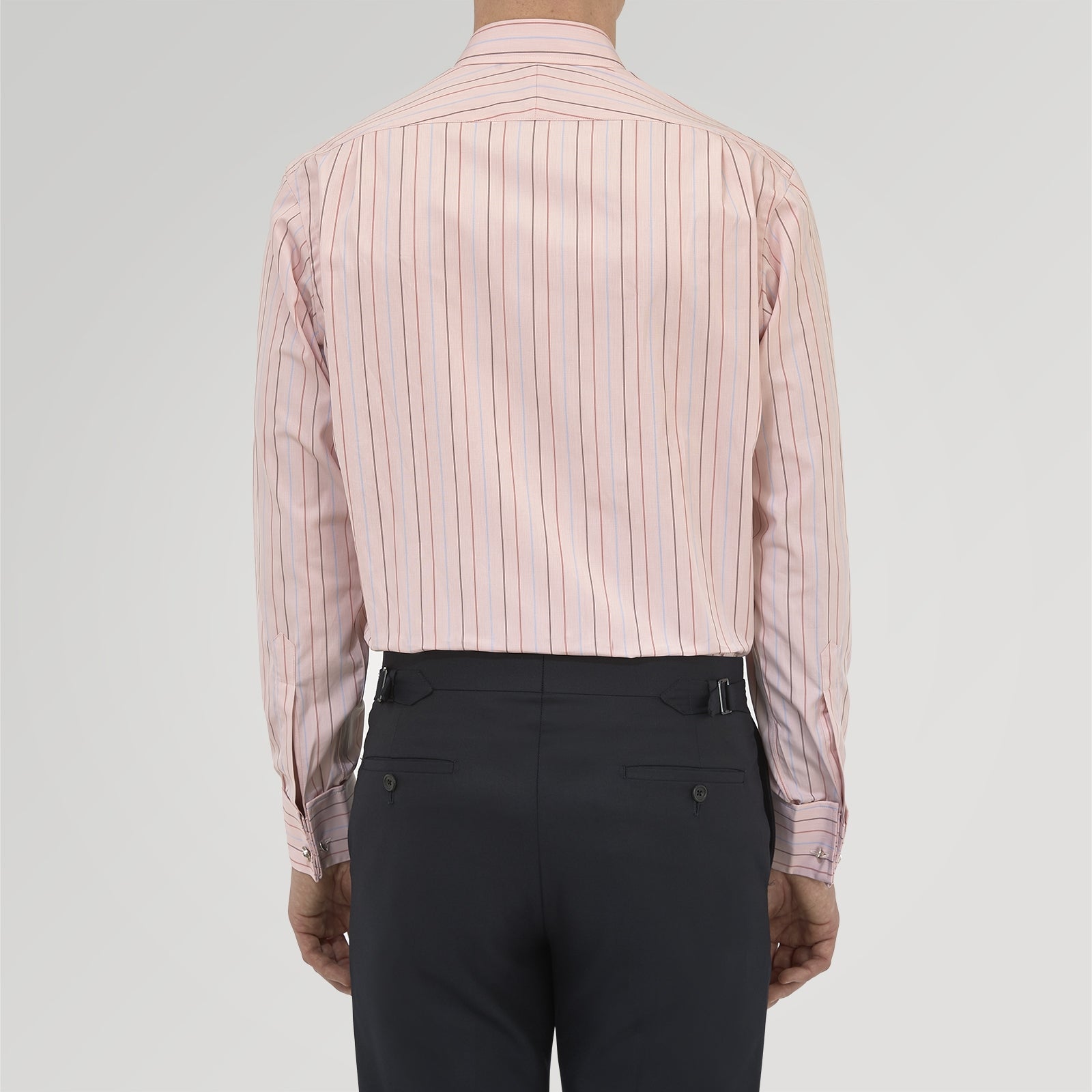 View 3 of product Turnbull & Asser’s Pink, Red and Blue Pencil Stripe Shirt features a T&A collar, double cuffs, and multicolored vertical stripes on a light pink base—perfect for adding spring style to your wardrobe.