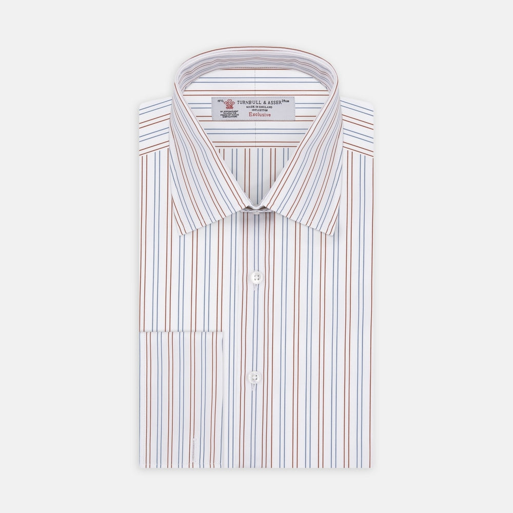 Turnbull & Asser's White, Brown and Blue Double Stripe Cotton Fabric features alternating thin vertical stripes in blue and brown on white, displayed inside a circular gray border against a light background.