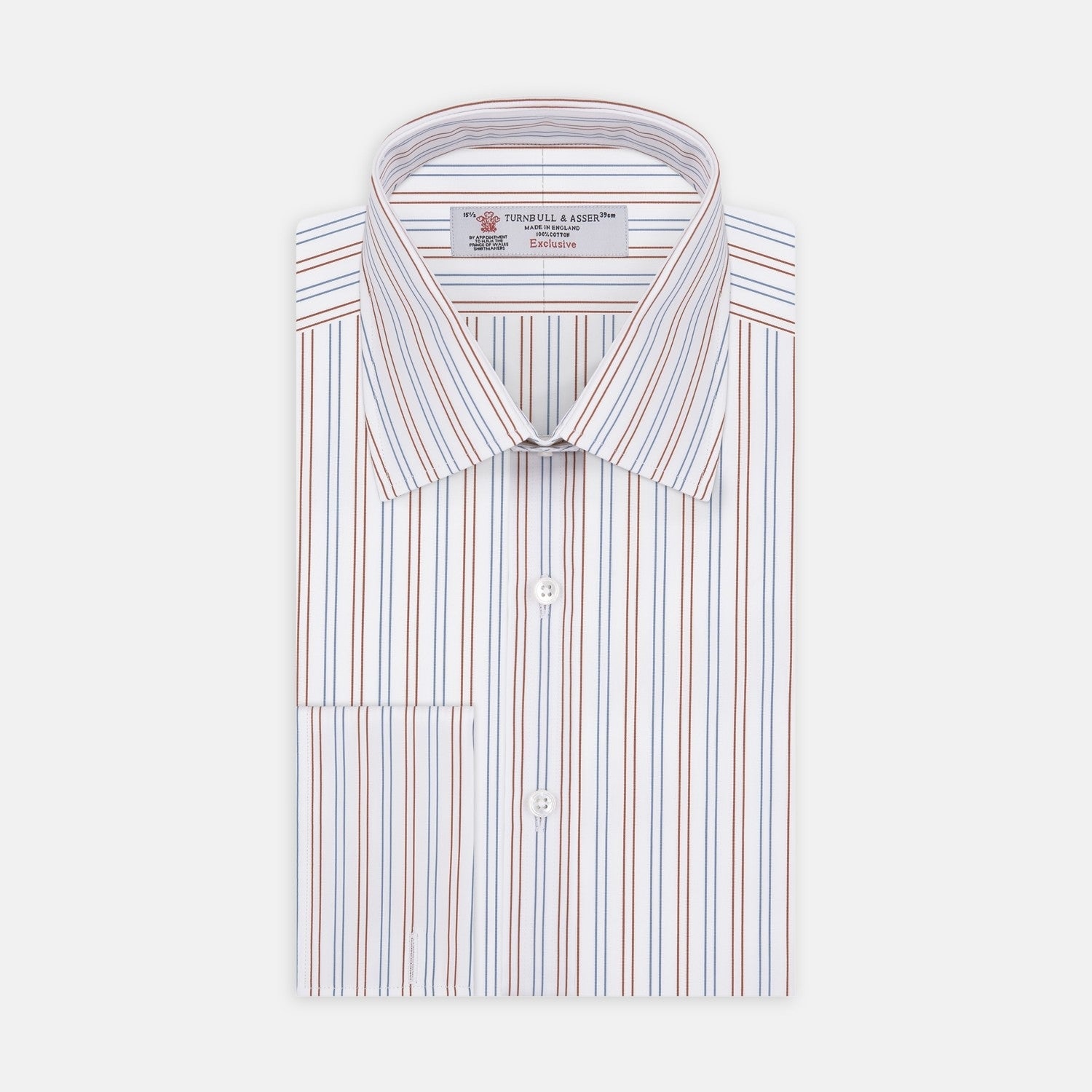 View 2 of product Turnbull & Asser's White, Brown and Blue Double Stripe Cotton Fabric features alternating thin vertical stripes in blue and brown on white, displayed inside a circular gray border against a light background.