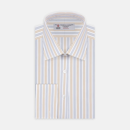 White, Gold and Blue Double Stripe Cotton Fabric Image 1