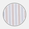 View 1 of product Turnbull & Asser's White, Brown and Blue Double Stripe Cotton Fabric features alternating thin vertical stripes in blue and brown on white, displayed inside a circular gray border against a light background.