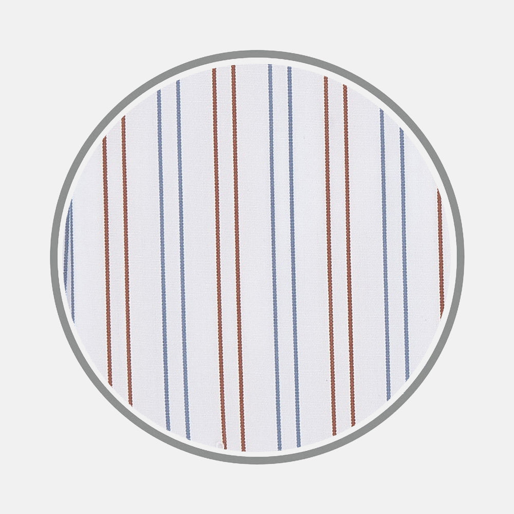 Turnbull & Asser's White, Brown and Blue Double Stripe Cotton Fabric features alternating thin vertical stripes in blue and brown on white, displayed inside a circular gray border against a light background.