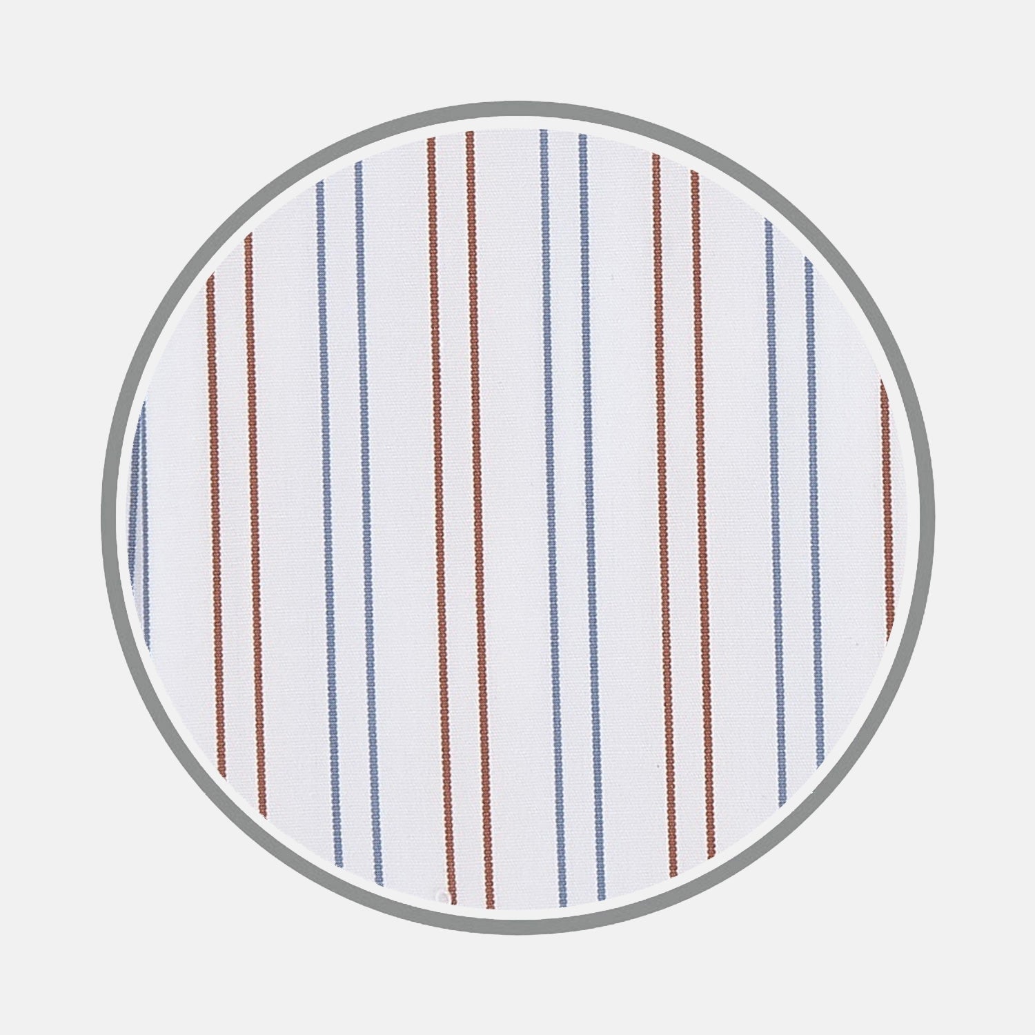 View 1 of product Turnbull & Asser's White, Brown and Blue Double Stripe Cotton Fabric features alternating thin vertical stripes in blue and brown on white, displayed inside a circular gray border against a light background.