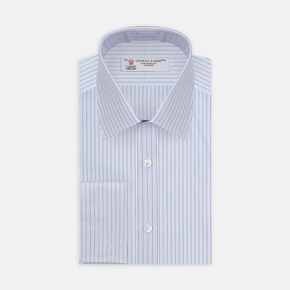 A Navy and Light Blue Supraluxe Stripe Shirt by Turnbull & Asser, featuring a T&A collar and double cuffs, is displayed neatly folded against a plain white background.