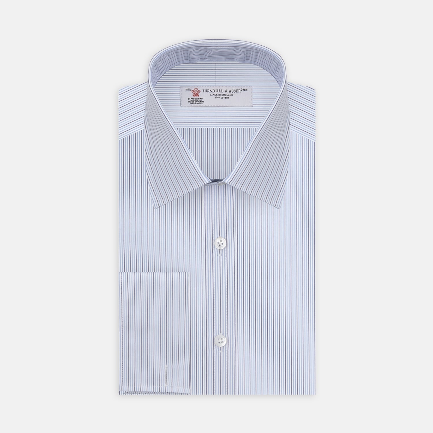View 1 of product A Navy and Light Blue Supraluxe Stripe Shirt by Turnbull & Asser, featuring a T&A collar and double cuffs, is displayed neatly folded against a plain white background.