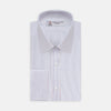 View 1 of product The Turnbull & Asser Red and Navy Supraluxe Stripe Shirt features a T&A collar, double cuffs, and thin vertical blue and red stripes on white premium cotton. Displayed folded against a plain white background.