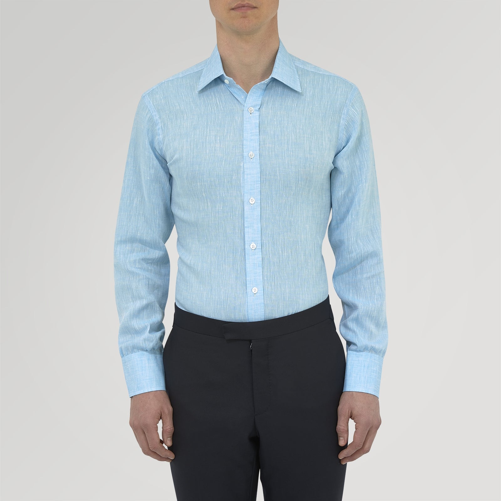 View 2 of product The Turquoise Linen Shirt by Turnbull & Asser features a T&A collar and 3-button cuffs, neatly displayed on a white background—an elegant summer essential for effortless style.