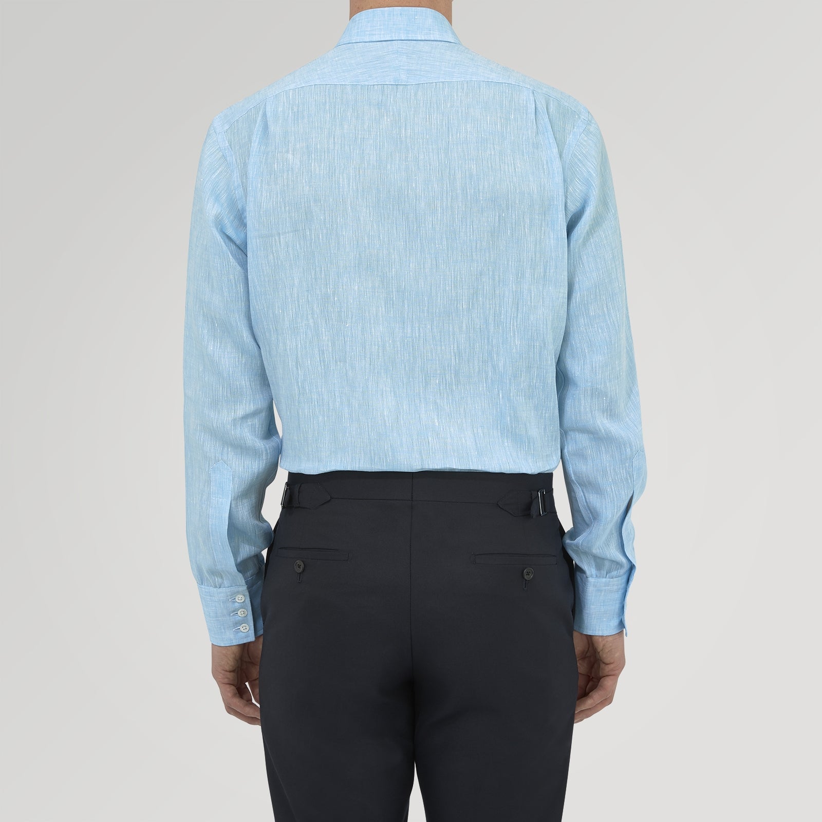 View 3 of product The Turquoise Linen Shirt by Turnbull & Asser features a T&A collar and 3-button cuffs, neatly displayed on a white background—an elegant summer essential for effortless style.