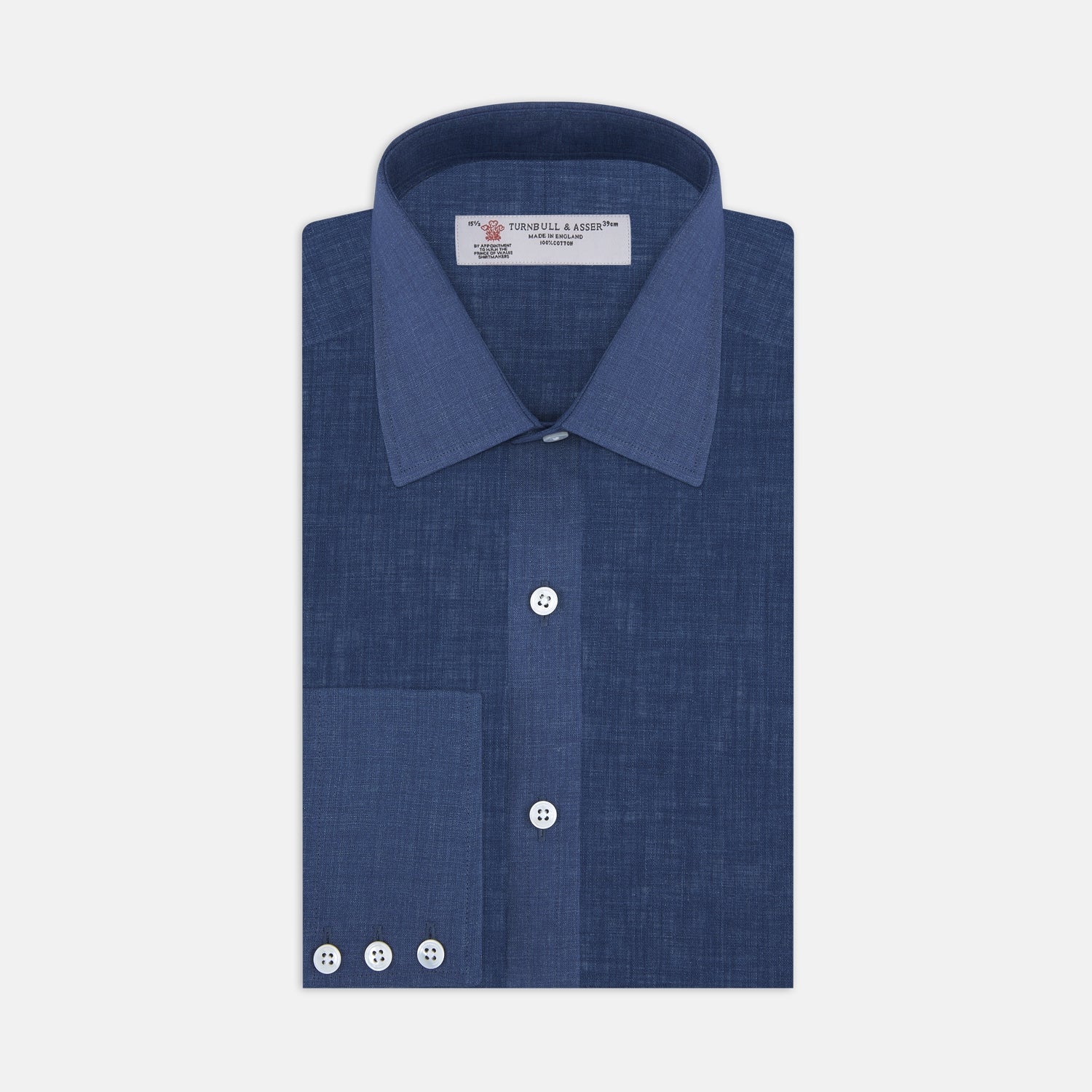 View 1 of product The Turnbull & Asser Navy Linen Shirt features a T&A collar, long sleeves, and 3-button cuffs, making it a stylish summer essential. Displayed neatly folded against a plain white background.