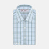 View 1 of product A neatly folded Turnbull & Asser Grey, Turquoise and Sky Blue Mixed Check Shirt with T&A collar and 3-button cuffs is displayed on a plain white background.