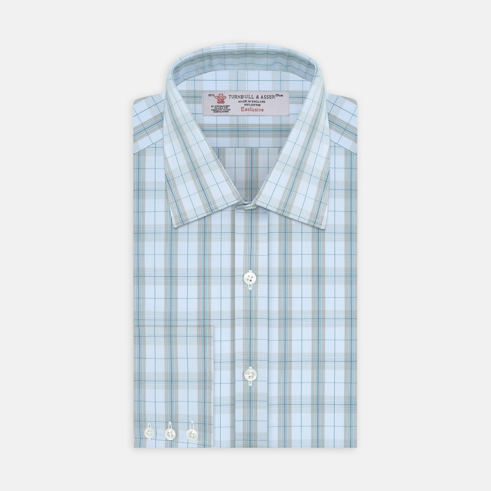 A neatly folded Turnbull & Asser Grey, Turquoise and Sky Blue Mixed Check Shirt with T&A collar and 3-button cuffs is displayed on a plain white background.