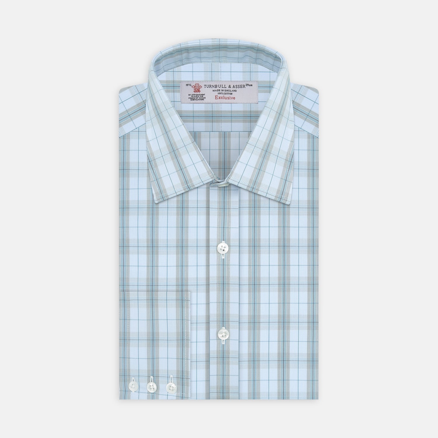 View 1 of product A neatly folded Turnbull & Asser Grey, Turquoise and Sky Blue Mixed Check Shirt with T&A collar and 3-button cuffs is displayed on a plain white background.